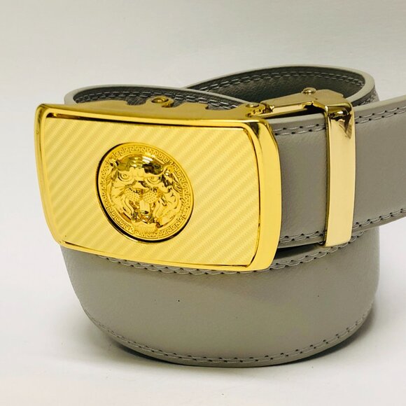 Gray Leather Belt Automatic Buckle Slide Belts NoHole Strep‎ Ratchet Men Women - Picture 2 of 3